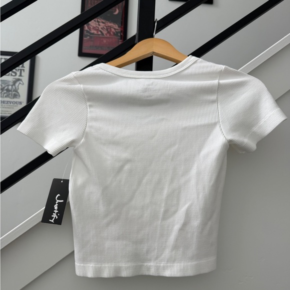 Justify White Ribbed Crop Top Small | Fitted Short Sleeve Scoop Neck - Picture 3 of 4